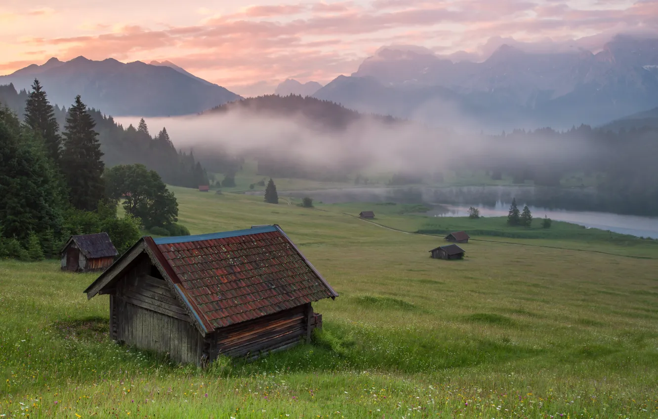Photo wallpaper mountains, fog, Alps, house