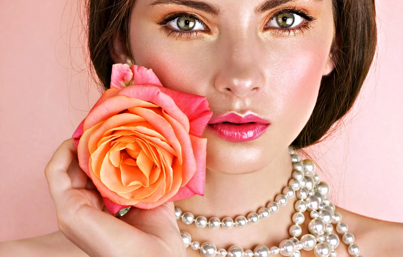 Photo wallpaper look, flowers, face, model, roses, necklace, brunette