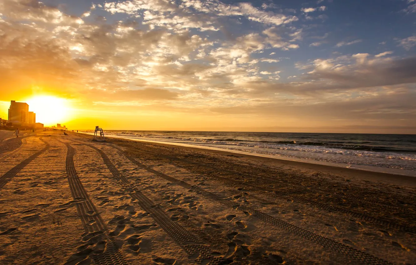 Photo wallpaper sea, the sky, clouds, traces, dawn, shore