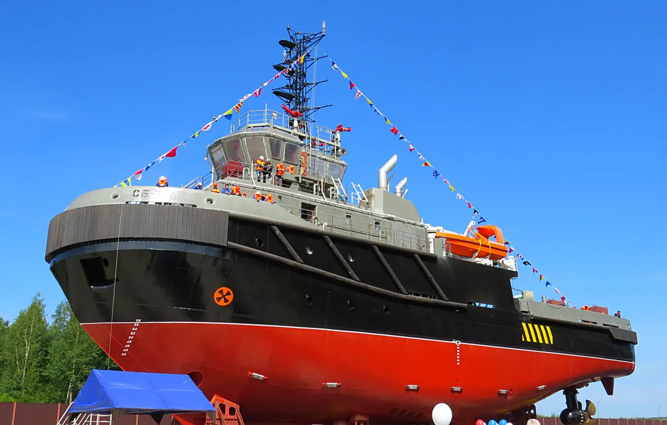 Photo wallpaper the descent, tug, on the water, stapel