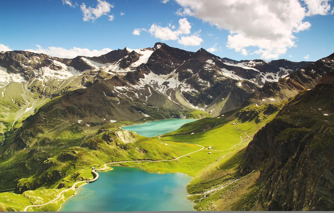 Photo wallpaper landscape, mountains, nature, Italy, mountains, clouds, lake, hills
