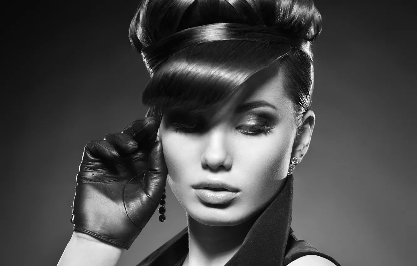 Photo wallpaper look, girl, photo, hairstyle, black and white, gloves