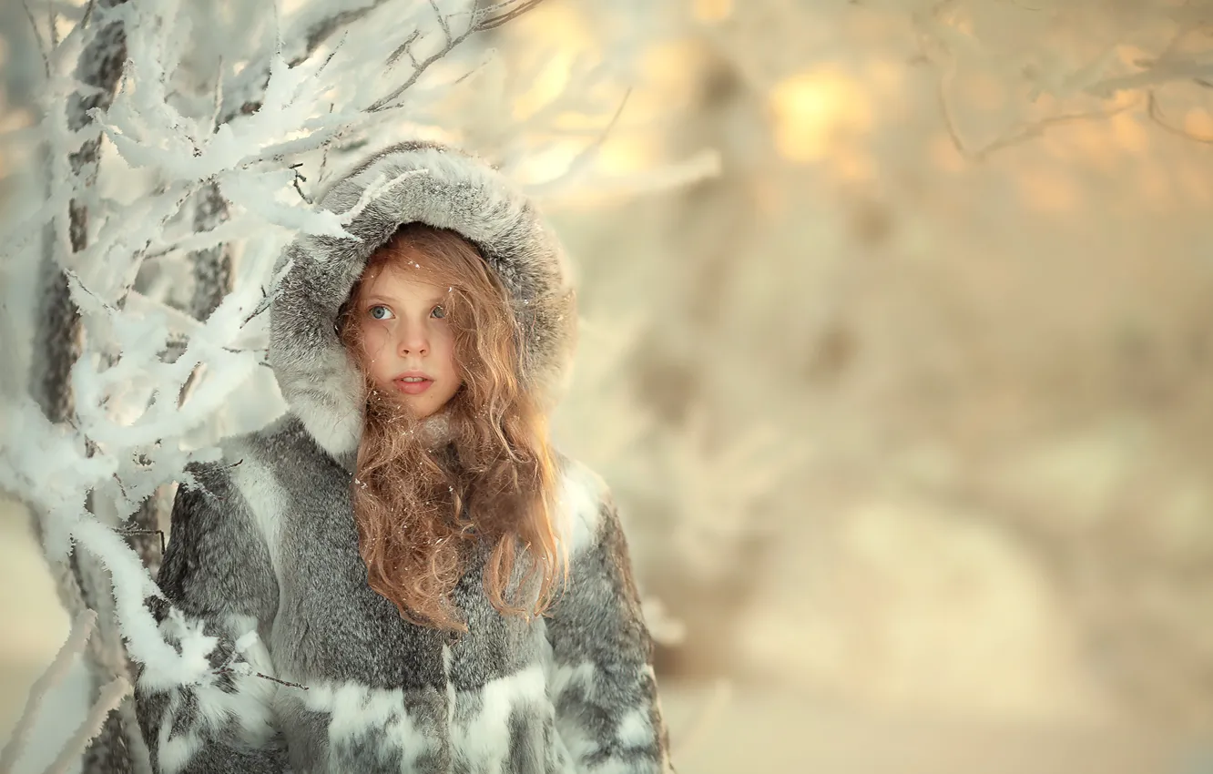 Photo wallpaper winter, snow, hood, girl, coat, fur, curls