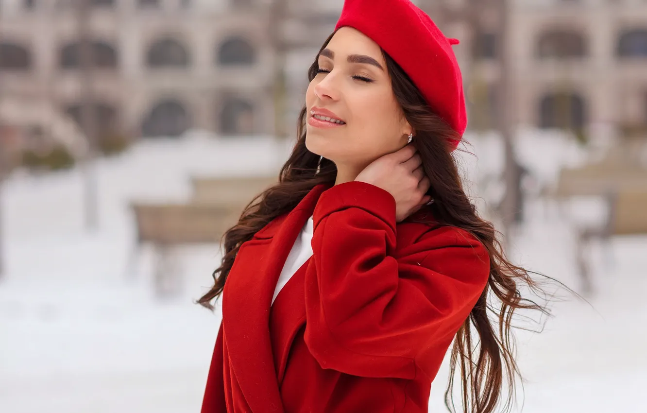 Photo wallpaper winter, girl, the red coat