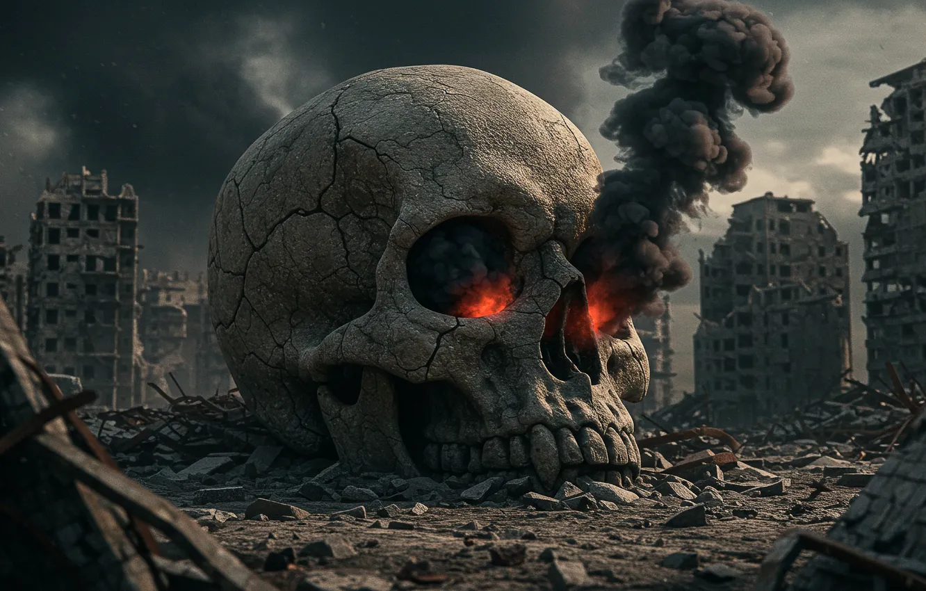 Photo wallpaper the city, smoke, skull