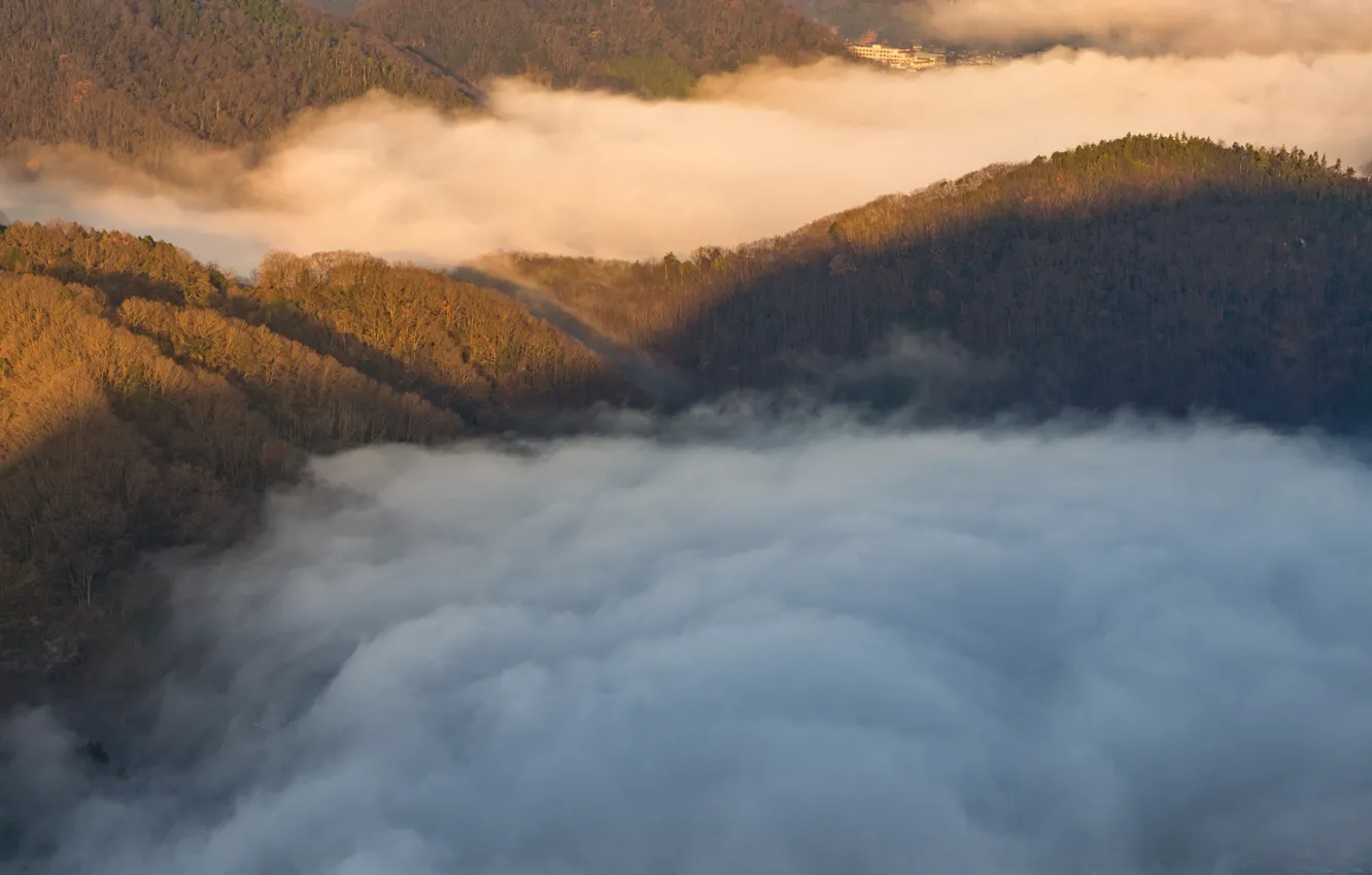 Photo wallpaper clouds, mountains, nature, fog