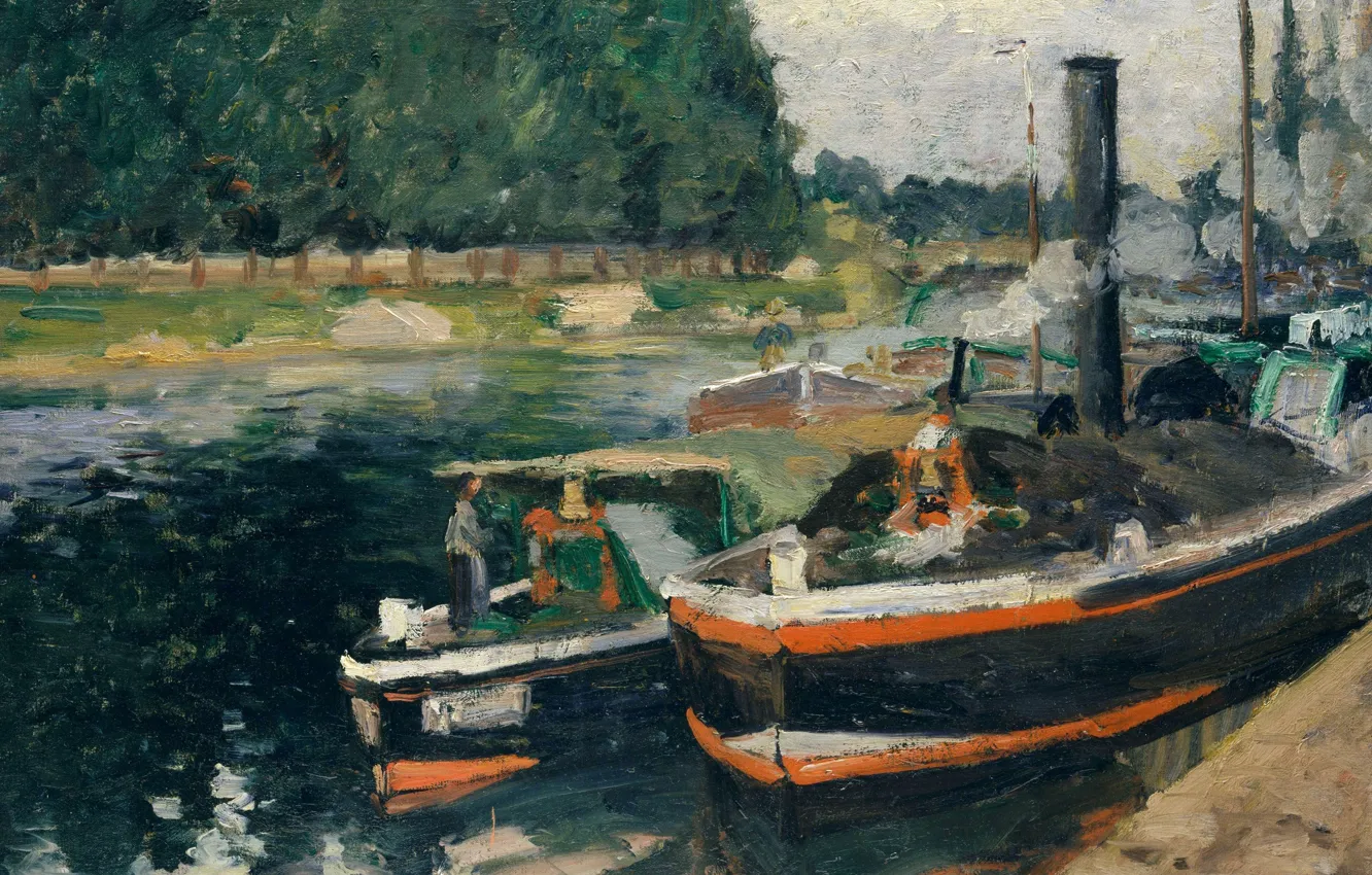 Photo wallpaper landscape, ship, picture, Camille Pissarro, Barges at PONTOISE