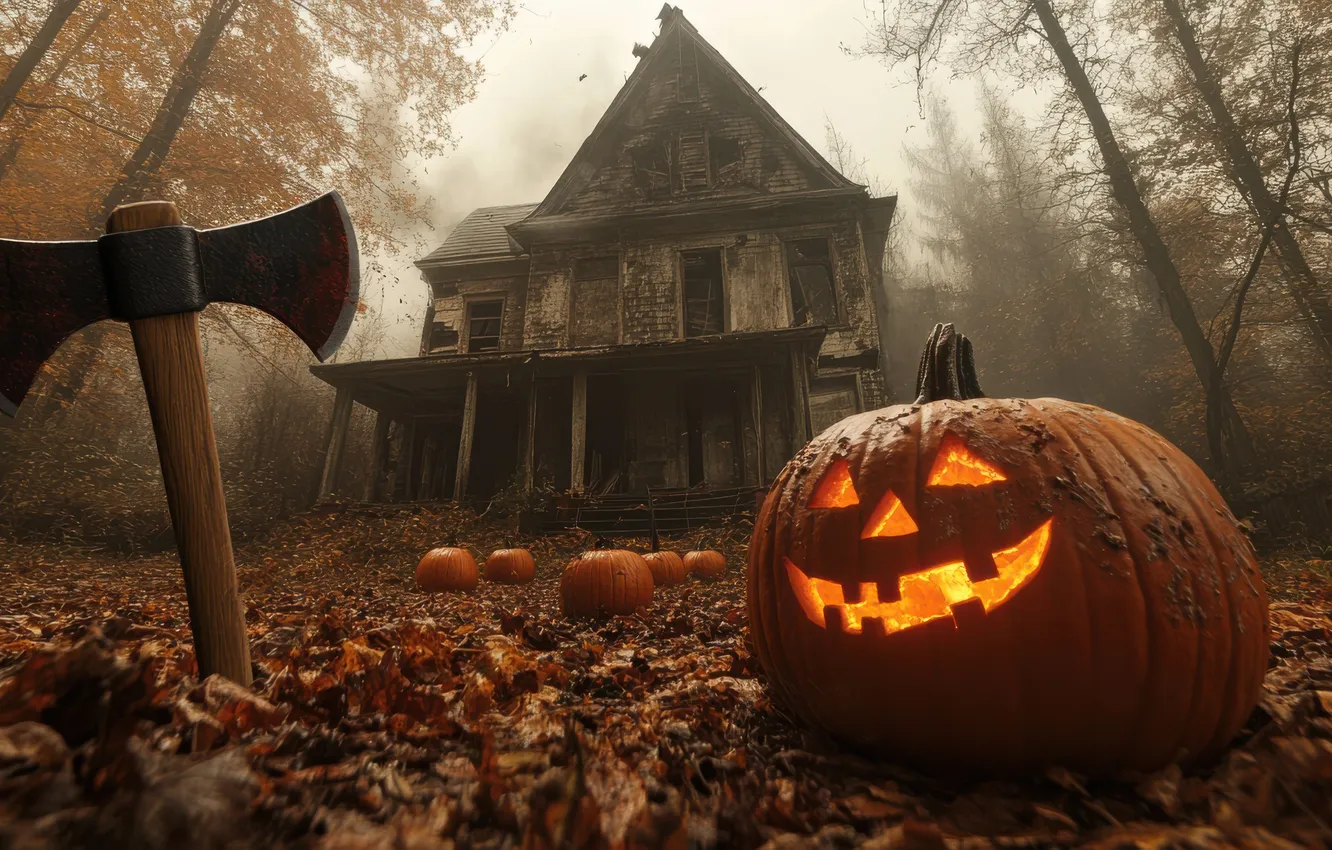 Photo wallpaper trees, home, Halloween, pumpkin, axe, Halloween, digital art, AI art