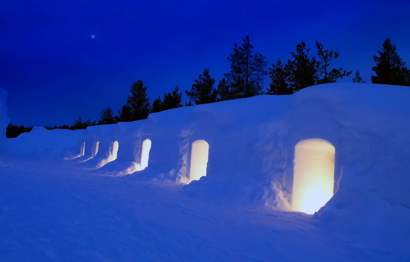 Photo wallpaper snow, night, Finland, Lapland, winter Christmas