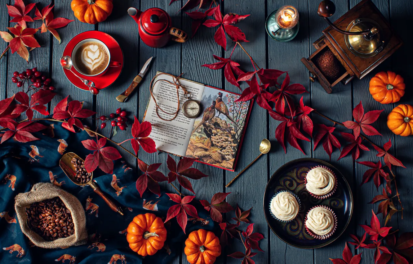 Photo wallpaper leaves, branches, style, coffee, book, still life, coffee beans, cakes