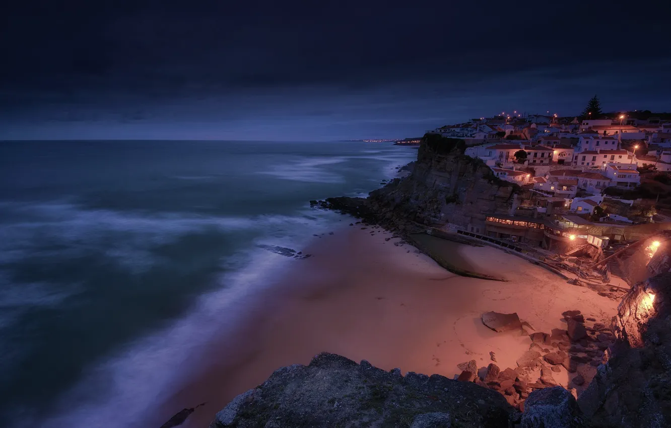 Photo wallpaper sea, night, the city, shore