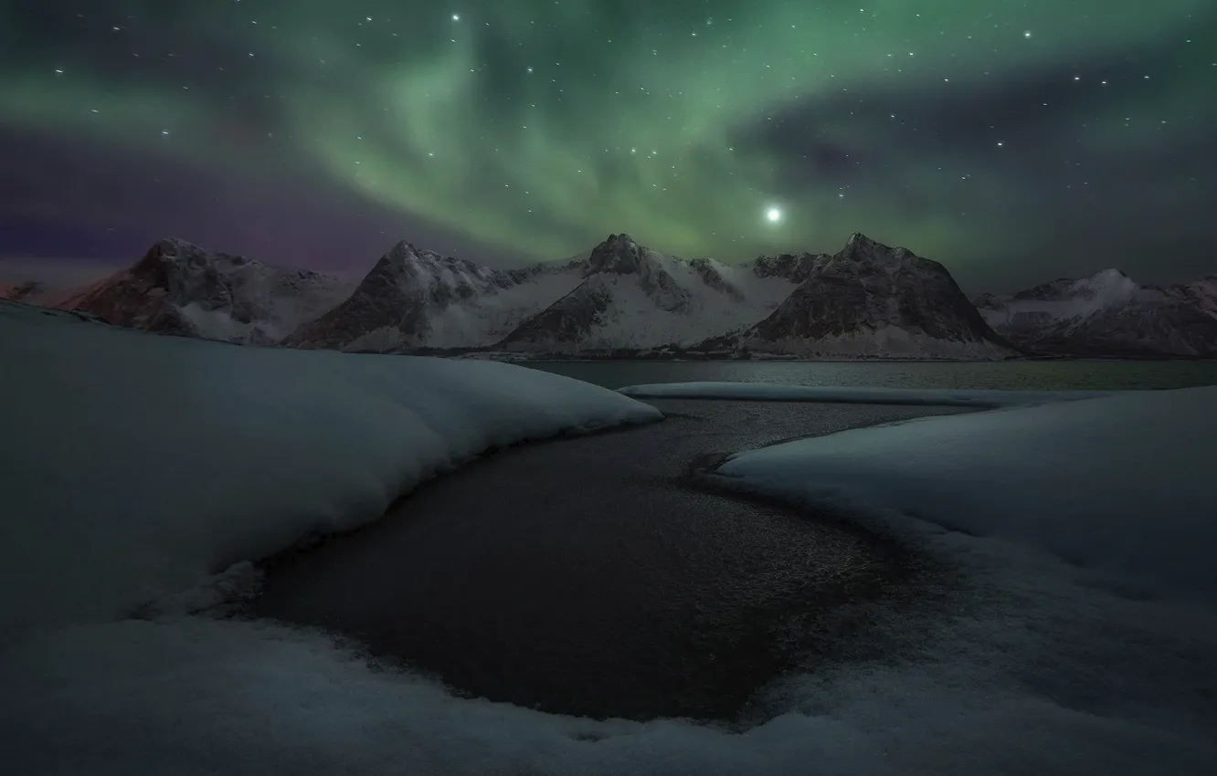 Photo wallpaper winter, snow, night, Northern lights, pond