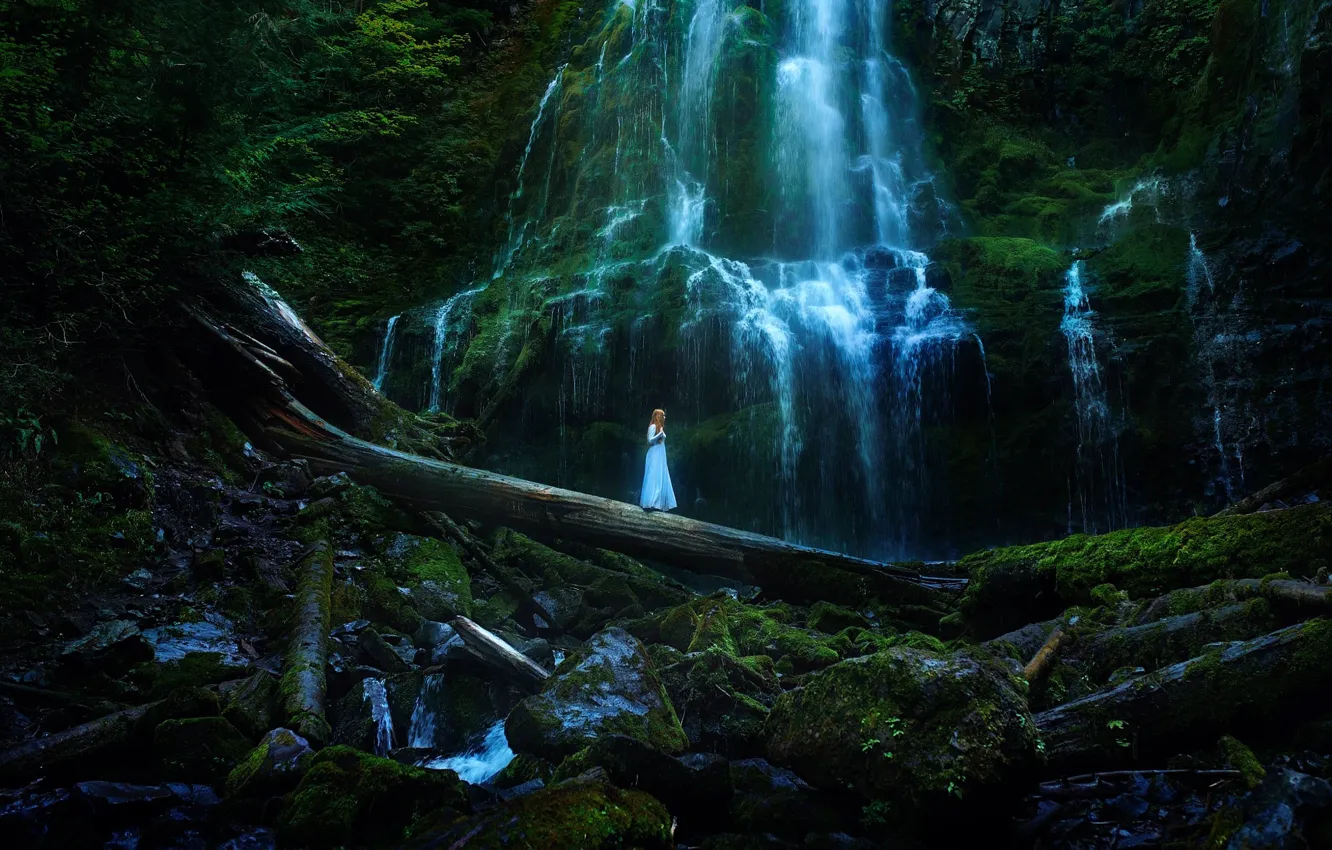 Photo wallpaper girl, stones, waterfall, dress, TJ Drysdale, On The Other Side