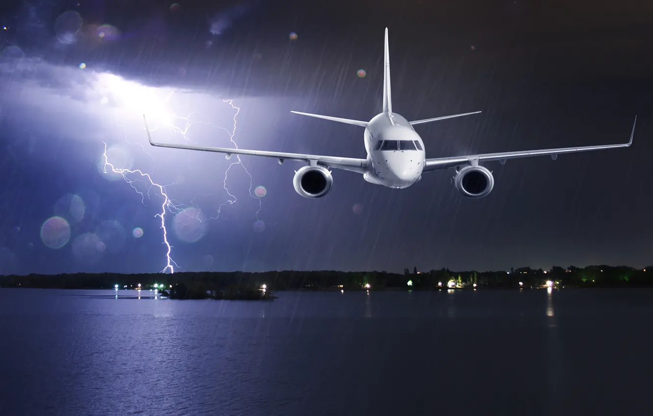 Photo wallpaper sea, the storm, flight, night, clouds, lights, glare, the plane