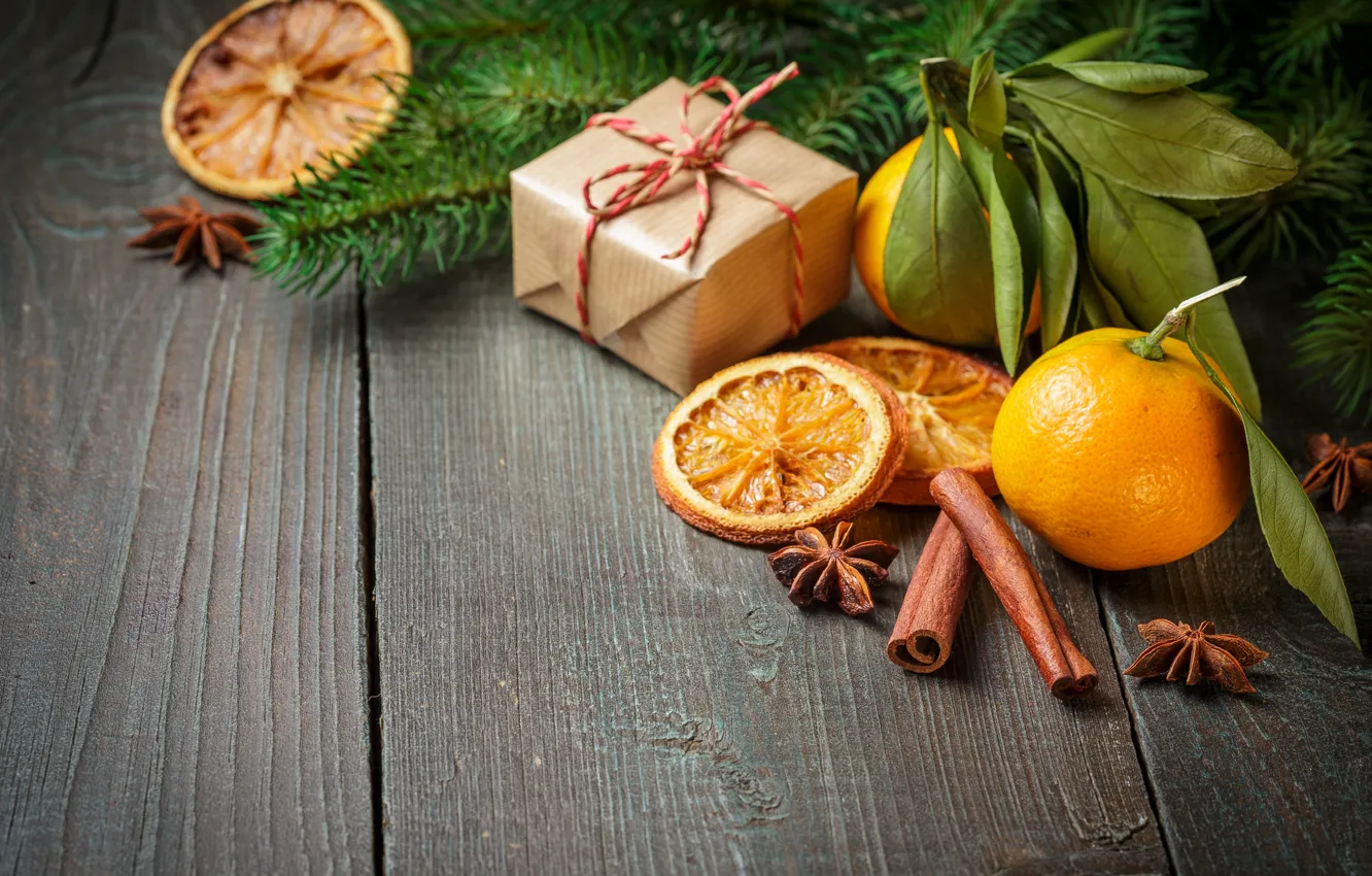 Photo wallpaper decoration, tree, orange, New Year, Christmas, gifts, cinnamon, happy