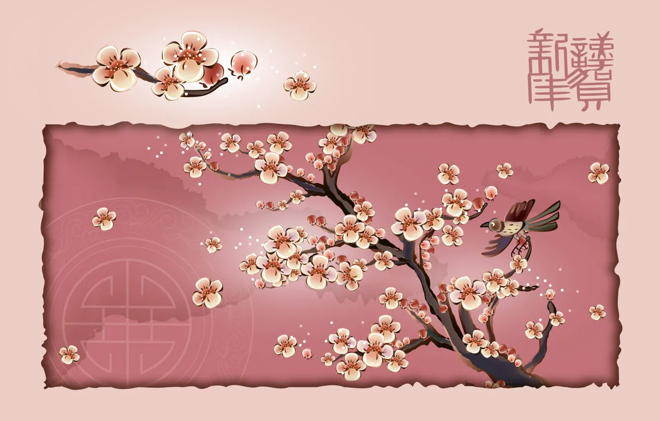 Photo wallpaper tree, bird, Sakura, character