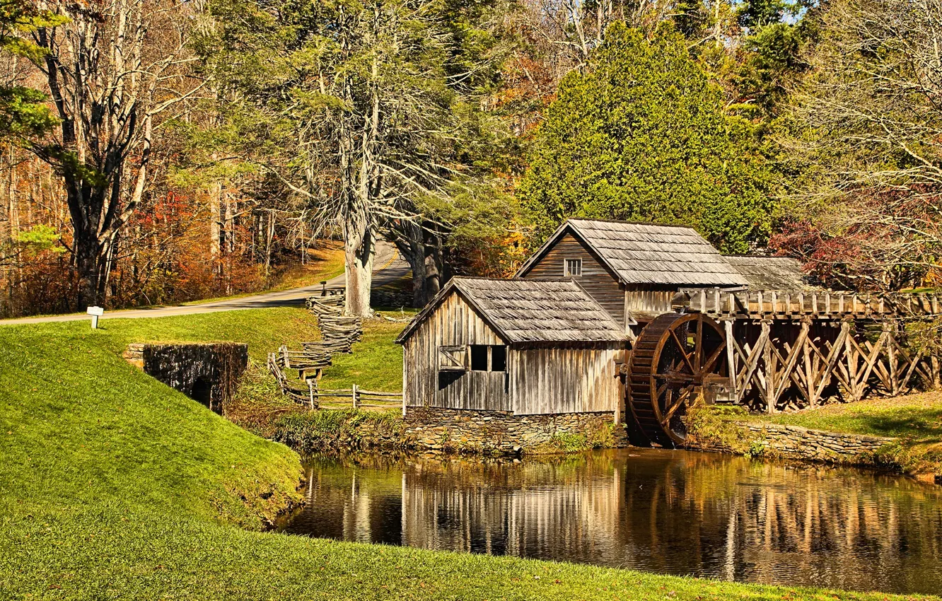 Photo wallpaper road, autumn, grass, the sun, trees, mill, USA, river