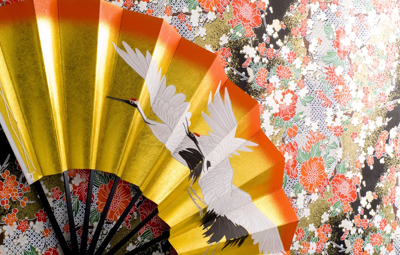 Photo wallpaper surface, wall, pattern, texture, fan, kimono, ornament, crane