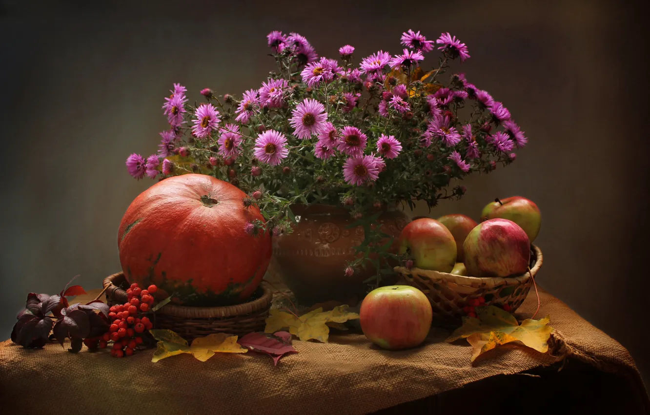 Photo wallpaper autumn, apples, pumpkin, asters