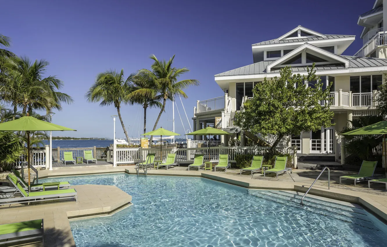 Photo wallpaper palm trees, Villa, pool, pier, Bay, architecture, resort, terrace