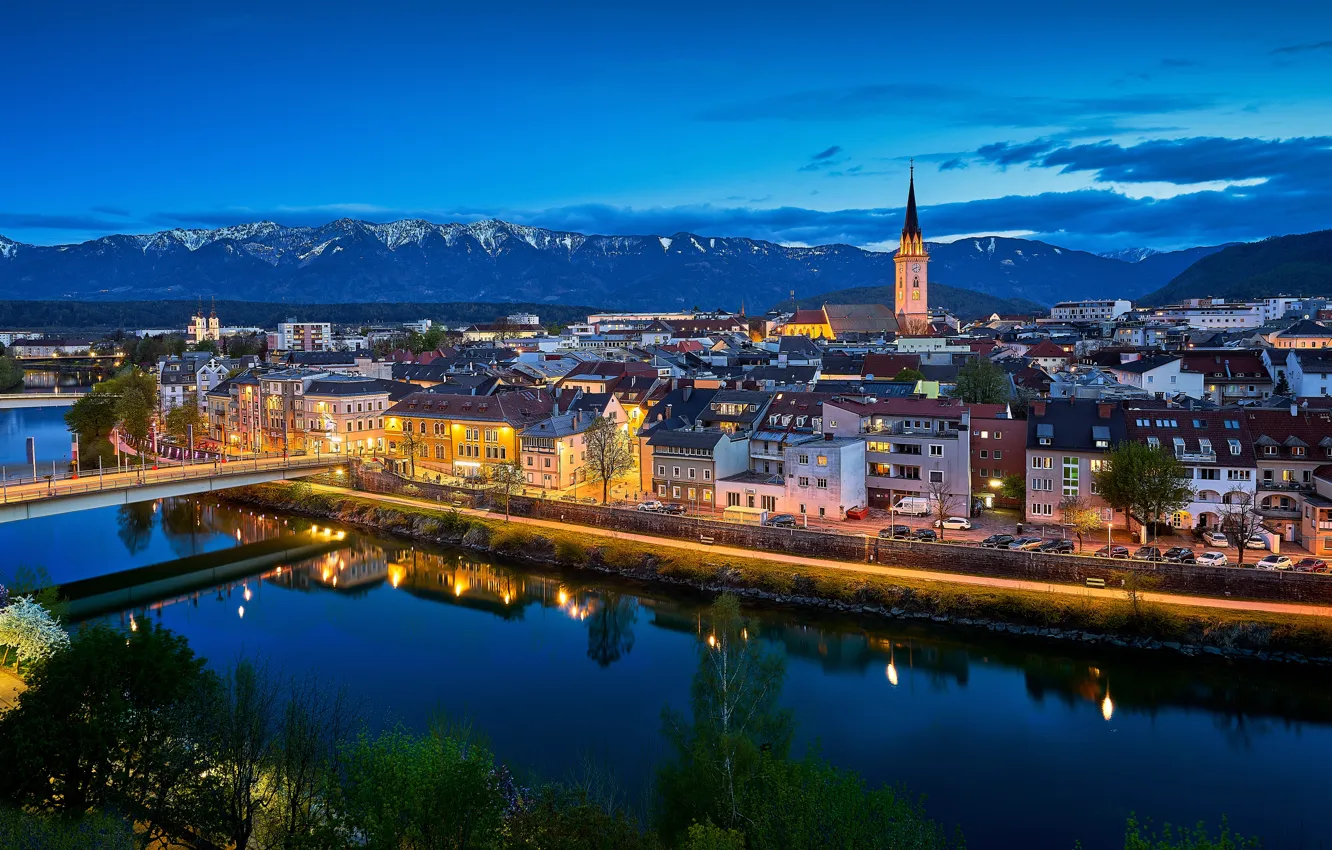 Photo wallpaper mountains, bridge, reflection, river, building, home, Austria, Alps