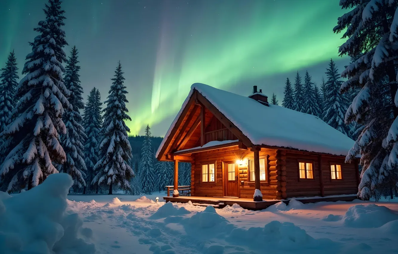 Photo wallpaper winter, forest, snow, mountains, tree, Northern lights, house, house