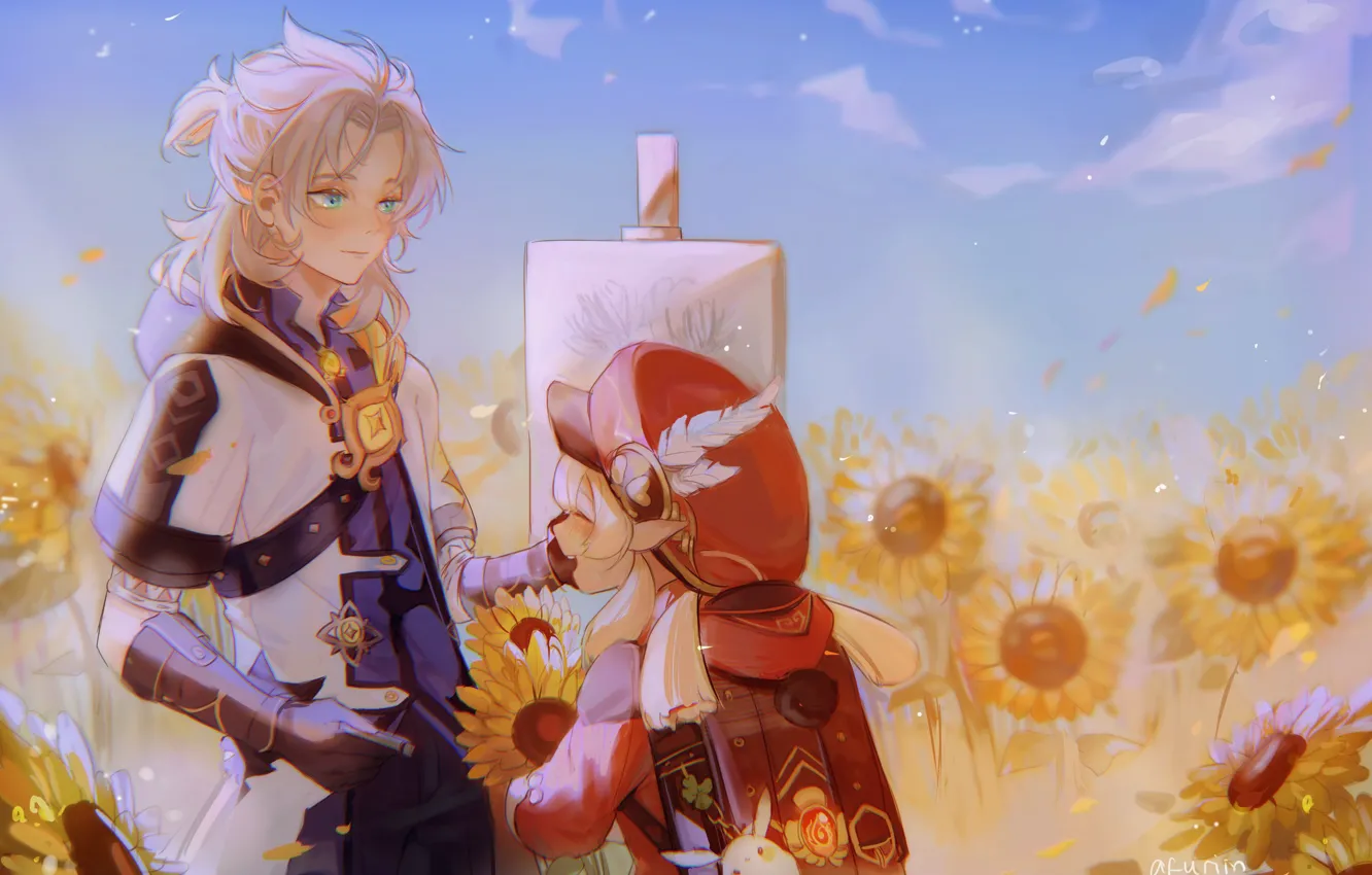 Photo wallpaper sunflowers, children, guy, albedo, Genshin Impact, Clover