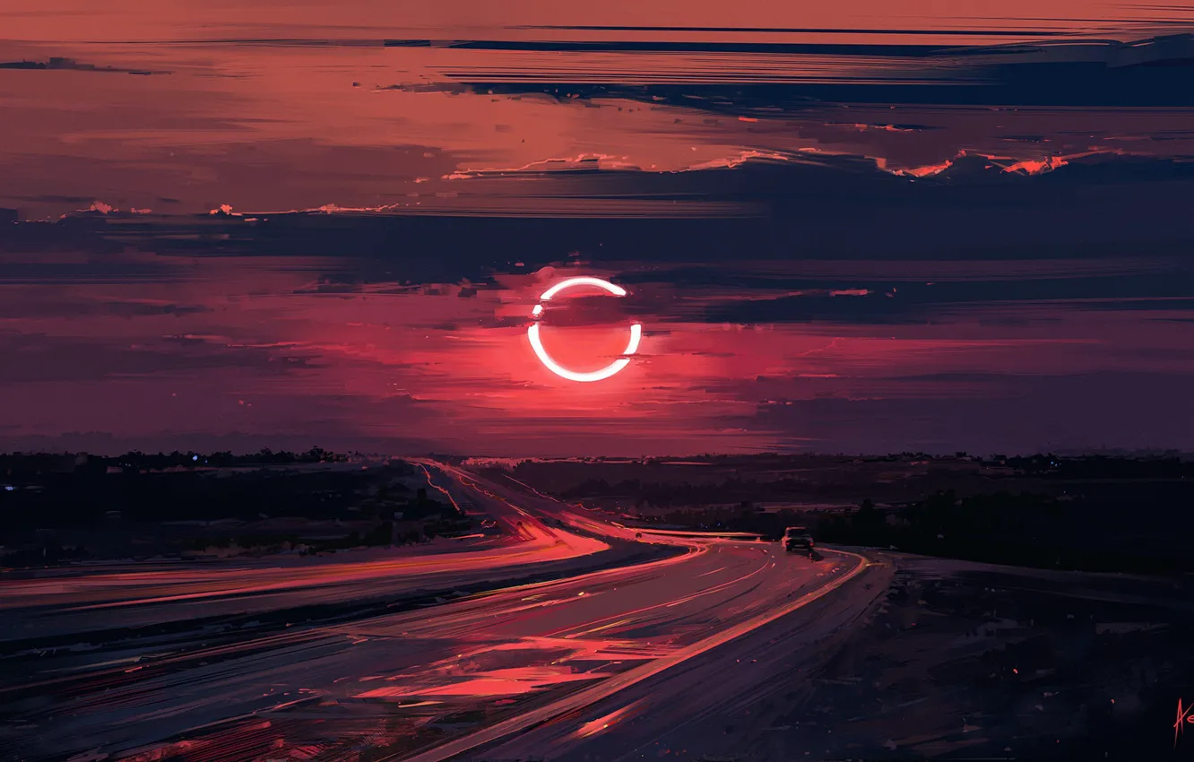 Photo wallpaper art, eclipse, Road. Sunset, Alena Aenam The