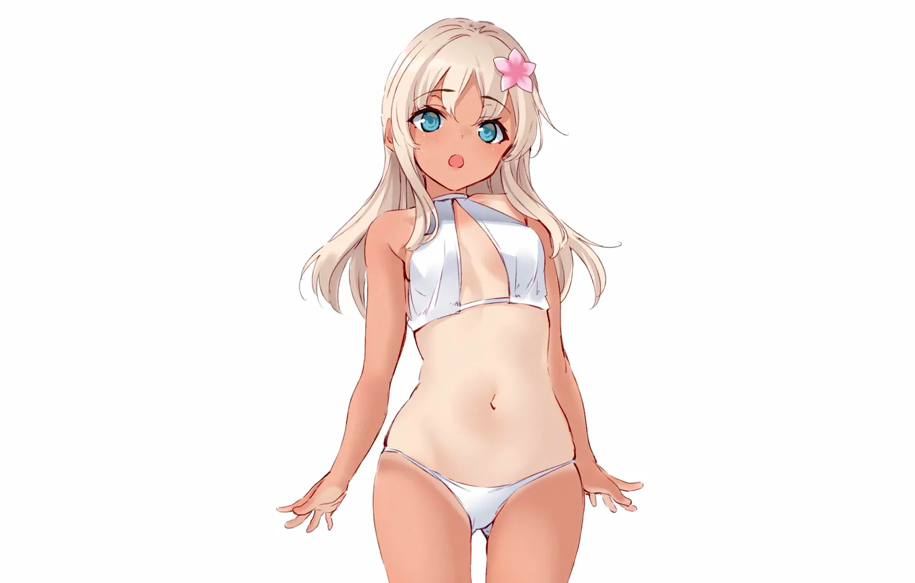 Photo wallpaper girl, sexy, cleavage, flower, green eyes, long hair, boobs, anime