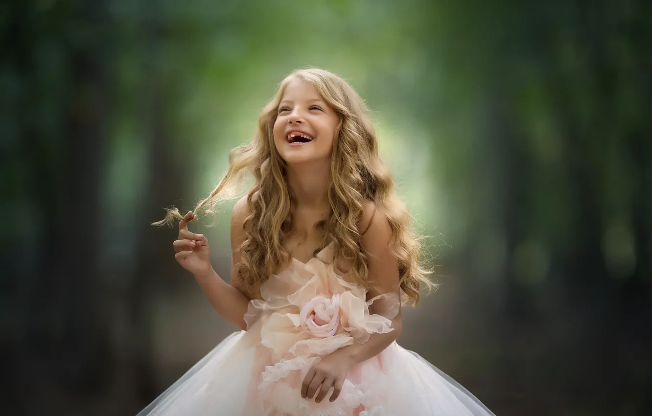 Photo wallpaper background, mood, laughter, dress, girl, curls, toothless
