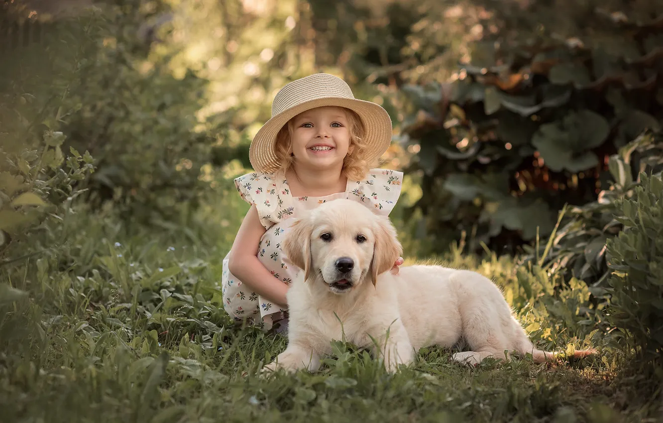 Photo wallpaper grass, light, nature, children, each, dog, hat, garden