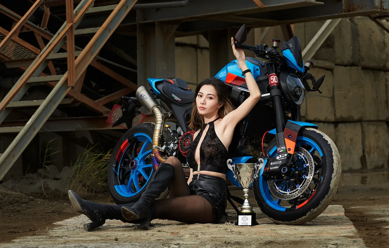 Photo wallpaper girl, pose, hand, boots, motorcycle, legs, Asian, Cup