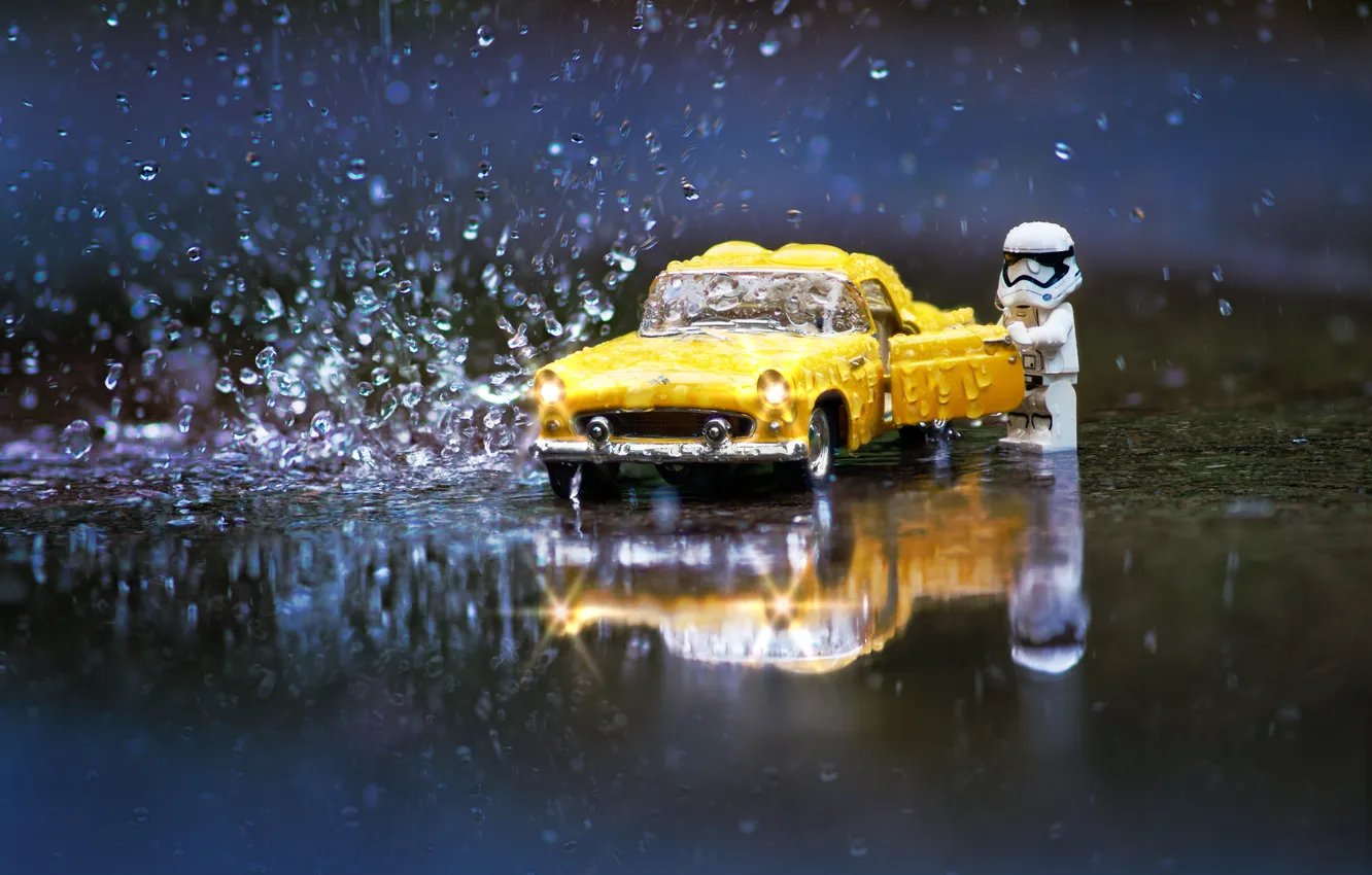 Photo wallpaper drops, rain, toy, puddle, machine