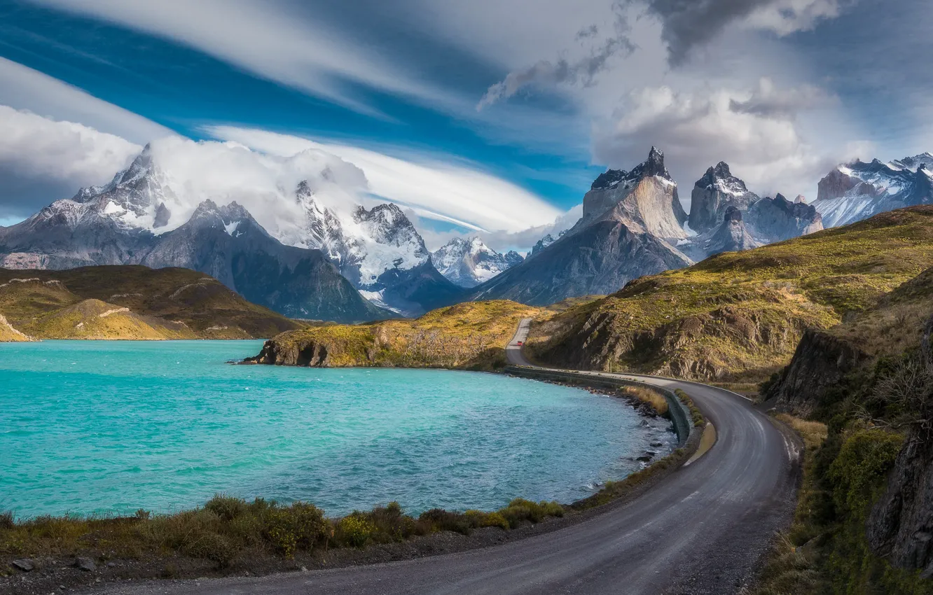 Photo wallpaper road, the sky, clouds, snow, mountains, lake, blue, rocks