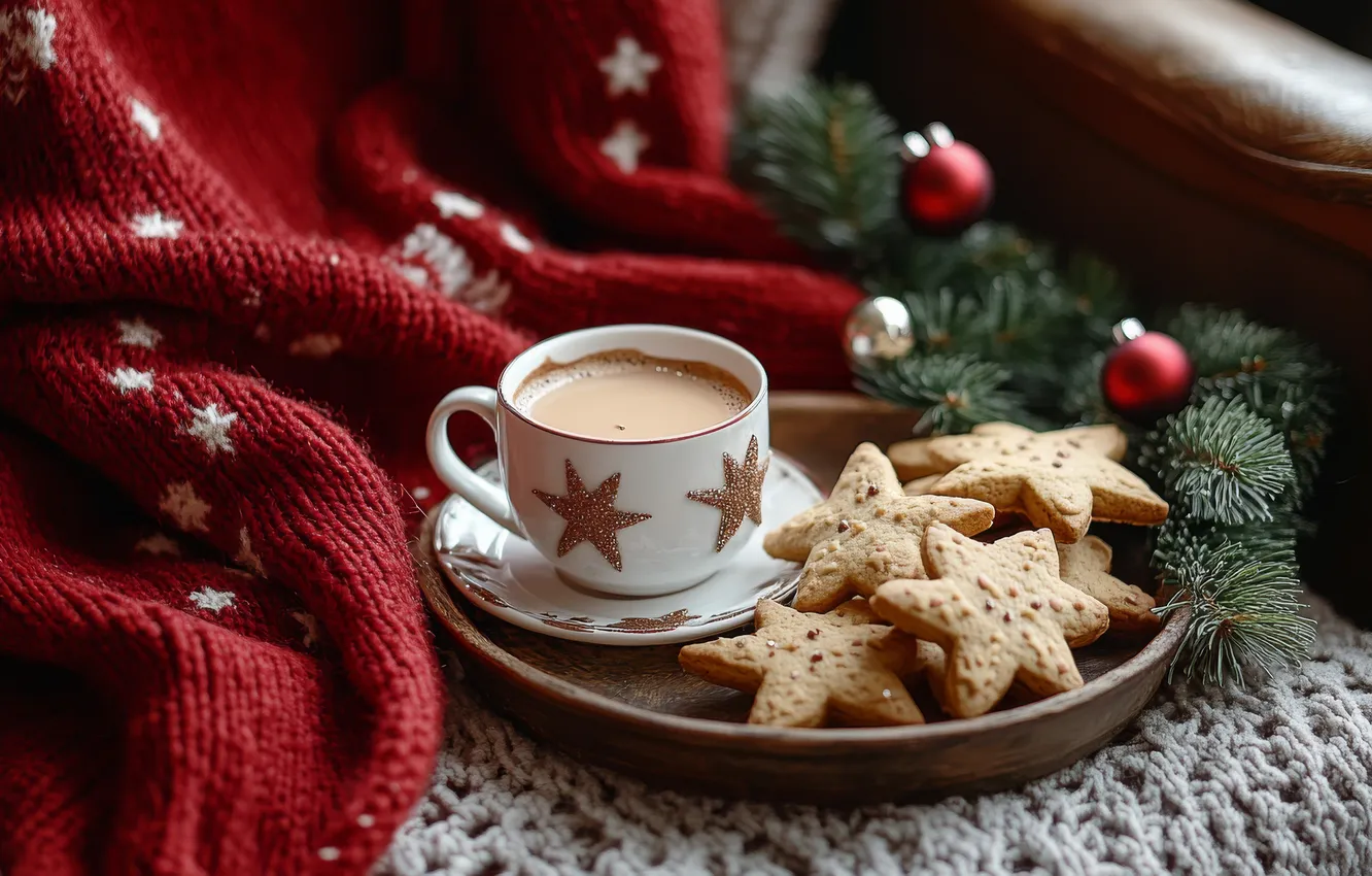 Photo wallpaper branches, comfort, table, new year, coffee, chair, cookies, Christmas