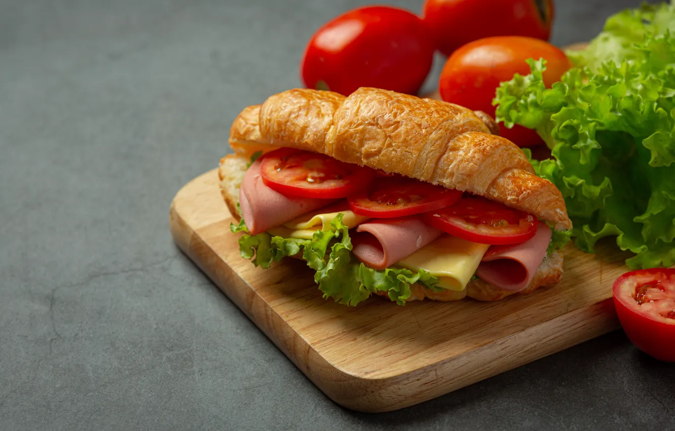 Photo wallpaper greens, table, cheese, bread, grey background, tomatoes, sausage, slices