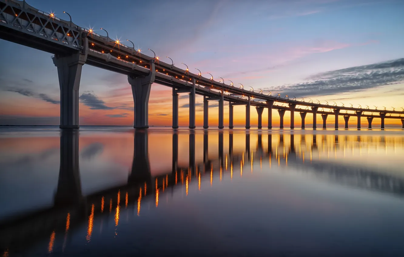 Photo wallpaper sea, bridge, the city, the evening, Bay, Tamara Pocrovskaya, Above the bay