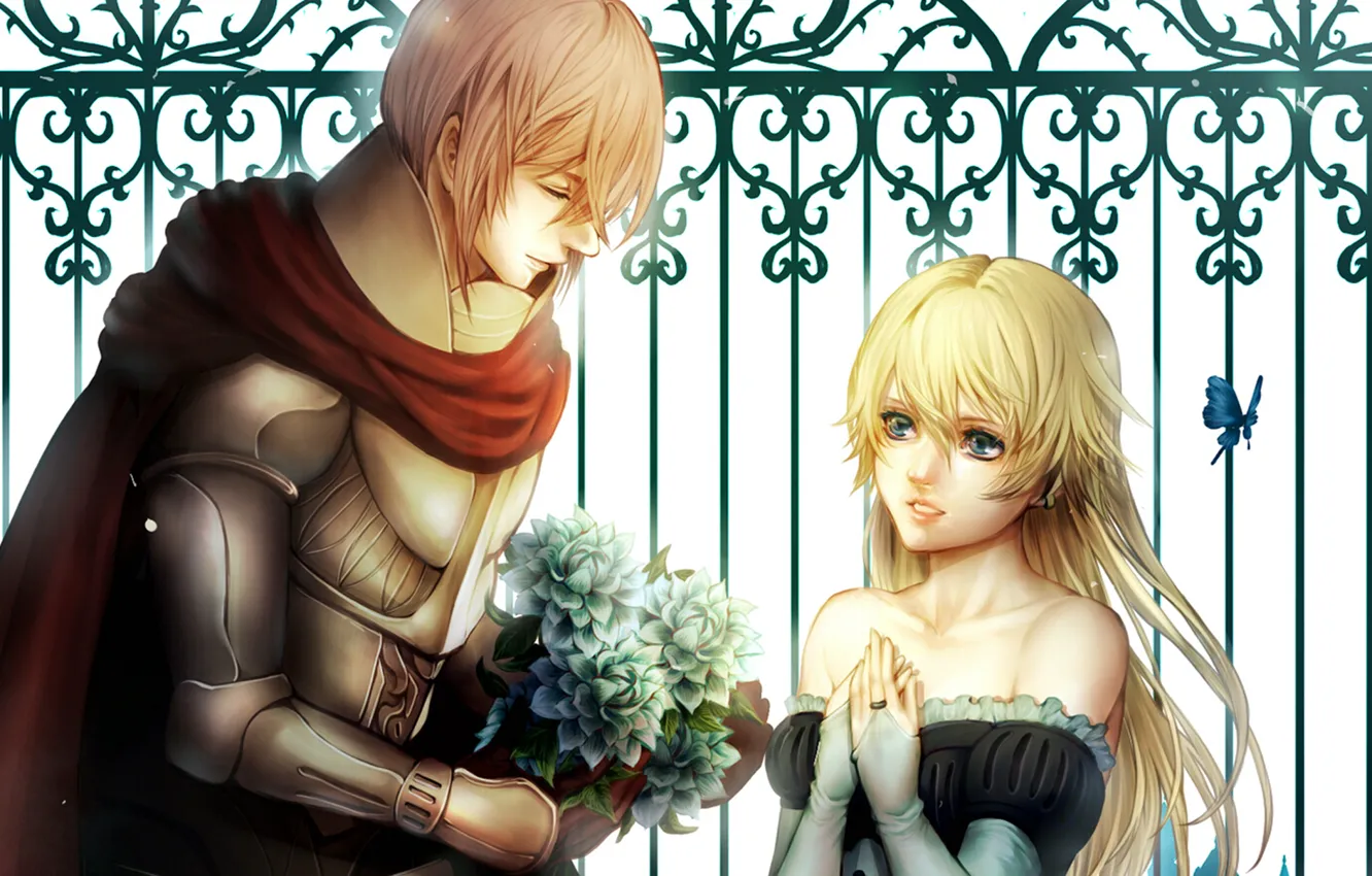 Photo wallpaper girl, butterfly, bouquet, pair, Guy, lovers, knight