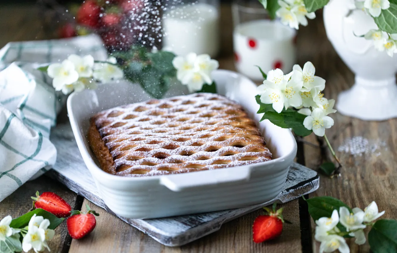 Photo wallpaper flowers, pie, dessert, powdered sugar, berry, Karina Klachuk