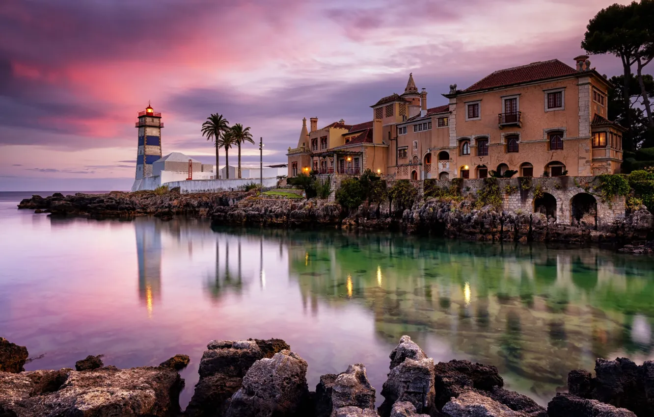 Photo wallpaper landscape, sunset, nature, stones, the ocean, the building, lighthouse, Portugal