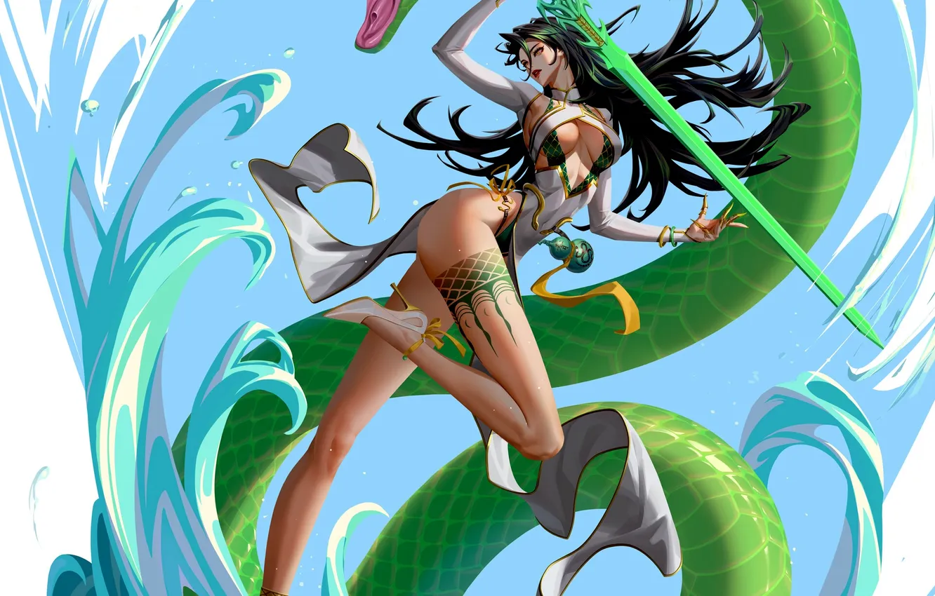 Photo wallpaper girl, sword, fantasy, cleavage, snake, legs, tattoo, battle