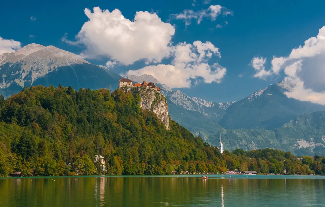 Photo wallpaper mountains, rock, lake, castle, Slovenia, Slovenia, Radovljica, lake Bled