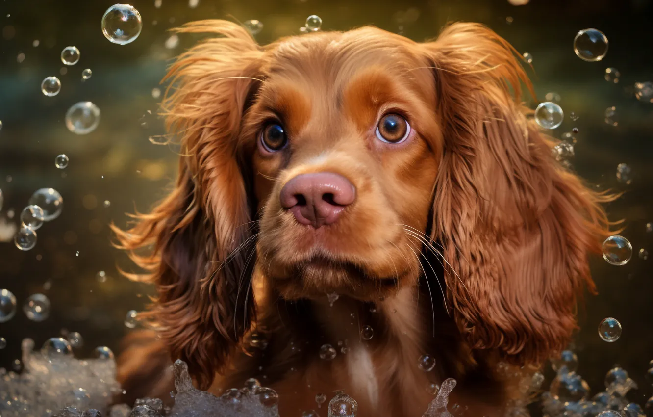 Photo wallpaper look, foam, water, pose, bubbles, portrait, dog, bathing