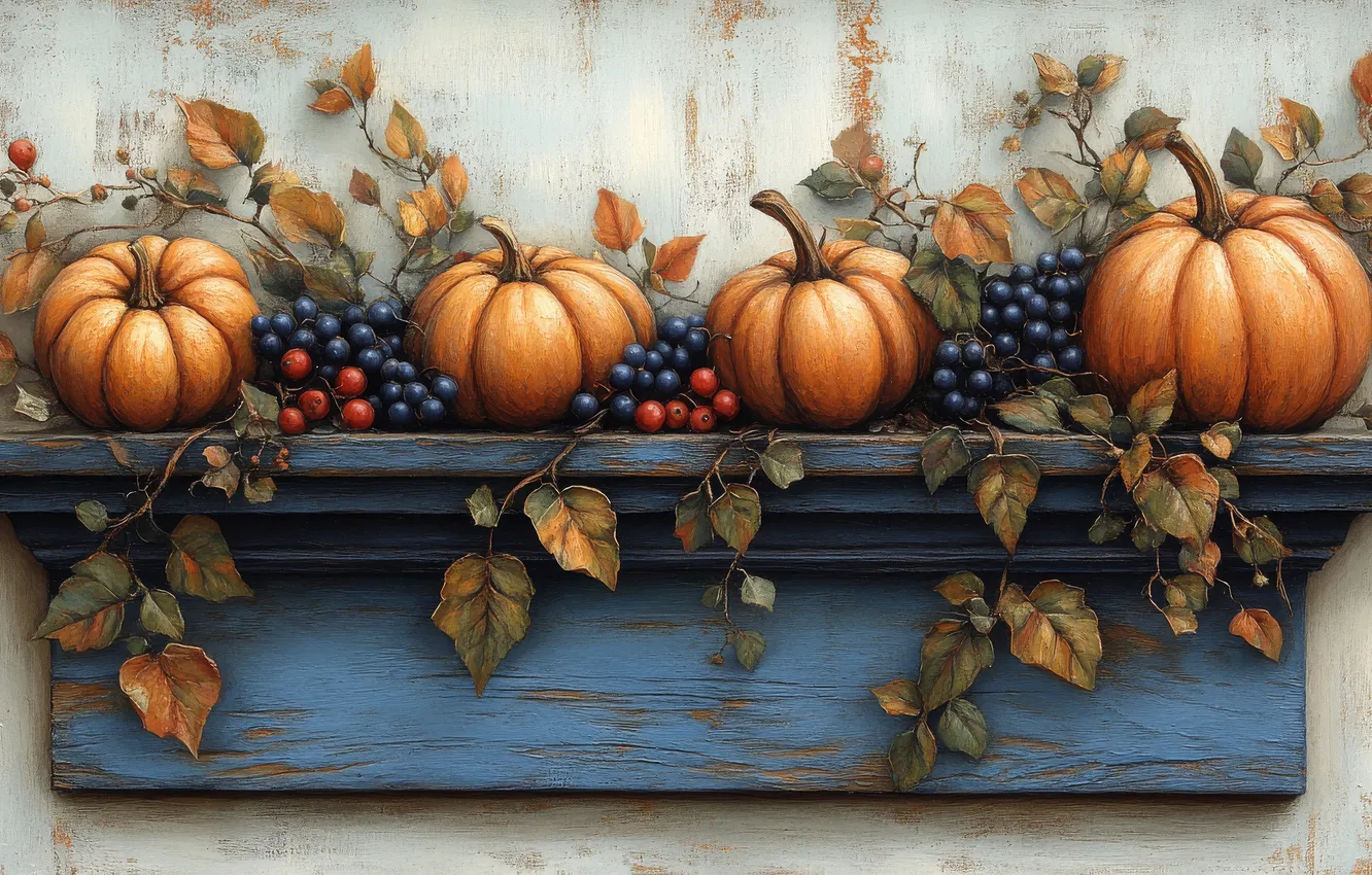 Photo wallpaper autumn, leaves, branches, berries, fruit, grapes, pumpkin, box
