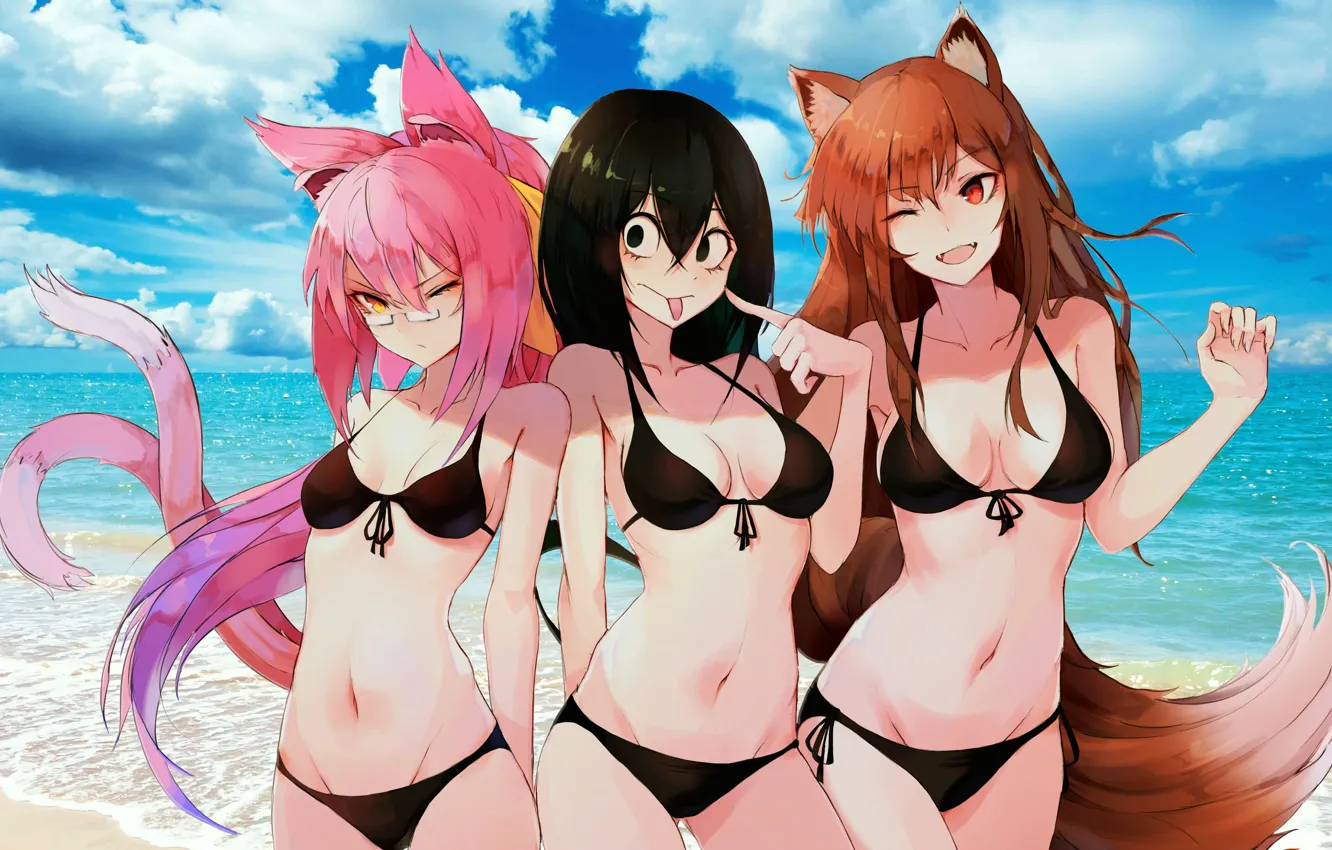 Photo wallpaper Anime, sea, girls, frog, spice and wolf, cat, blazblue, wolf