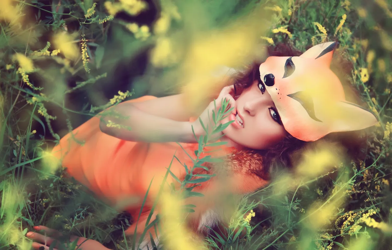Photo wallpaper grass, look, girl, nature, makeup, dress, mask, Fox