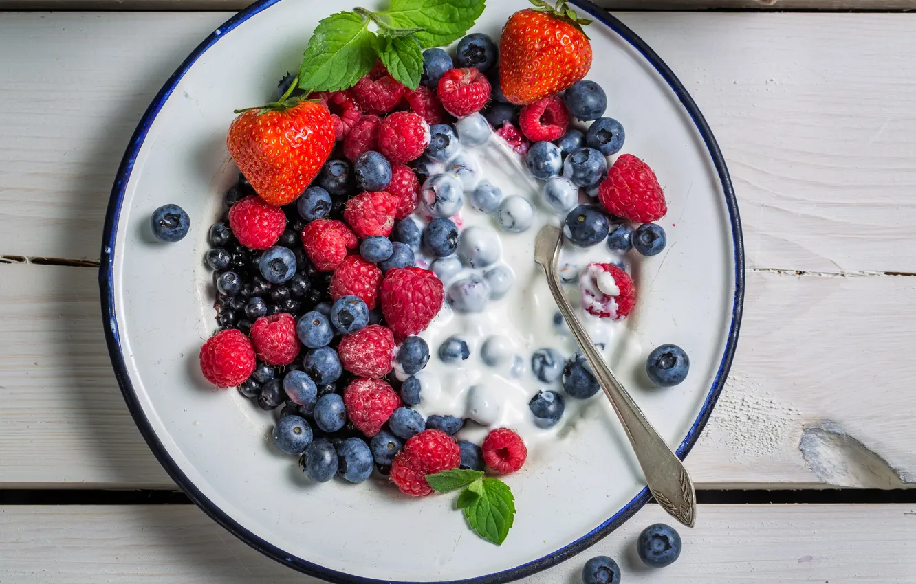 Photo wallpaper berries, raspberry, blueberries, strawberry, fresh, cream, berries, breakfast