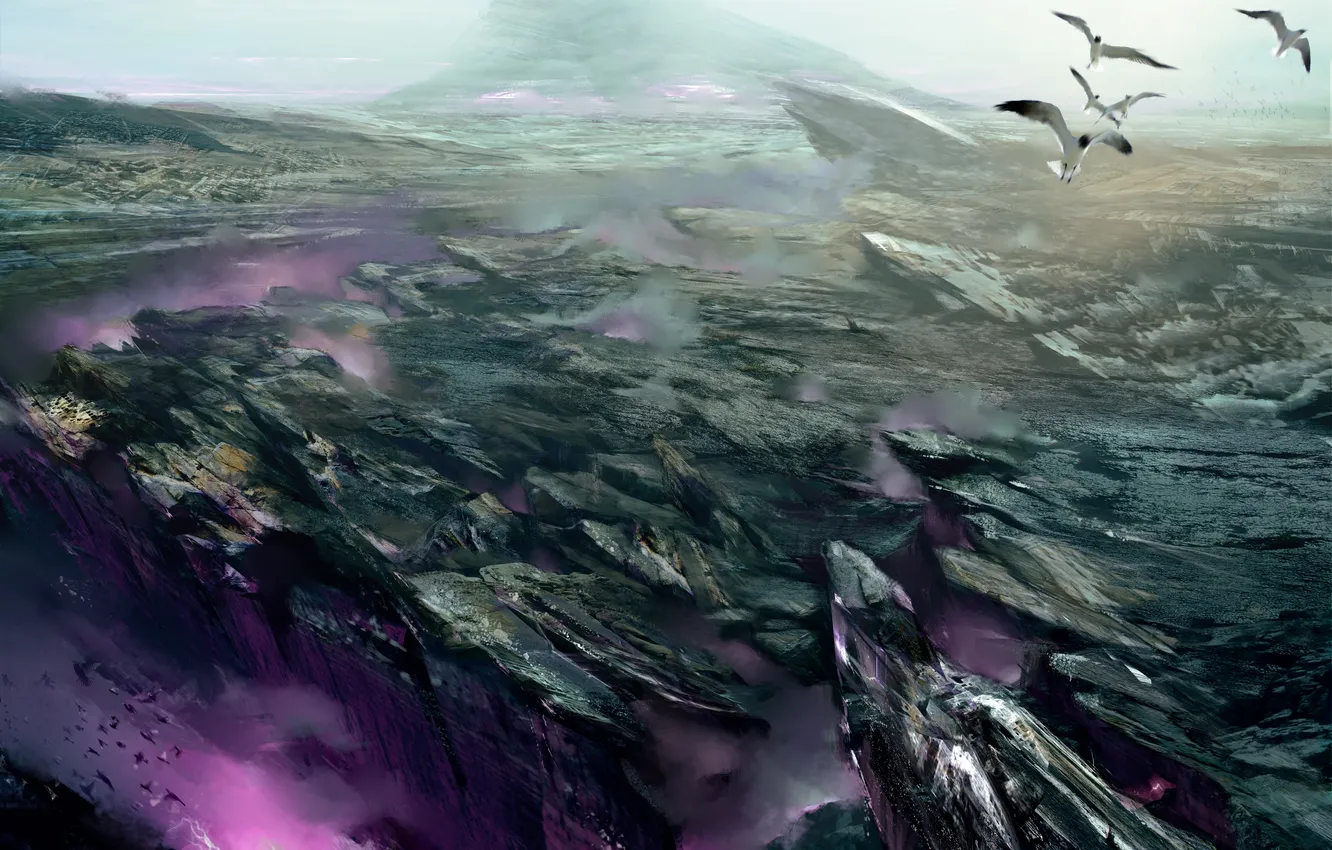 Photo wallpaper rocks, bird, lightning, glow, art, canyon, gorge, Guild Wars