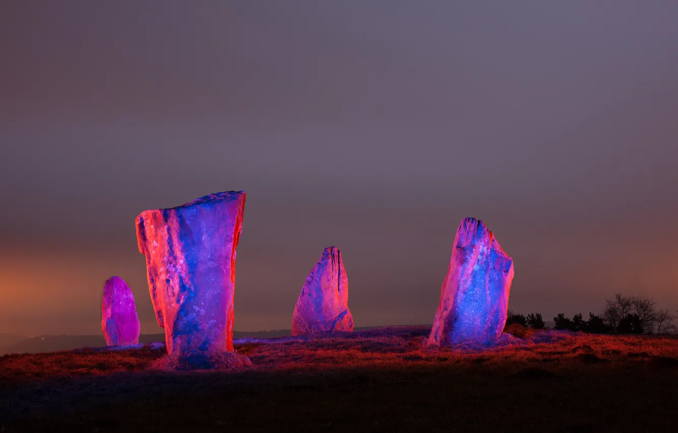 Photo wallpaper field, the sky, light, night, stones, Megalit