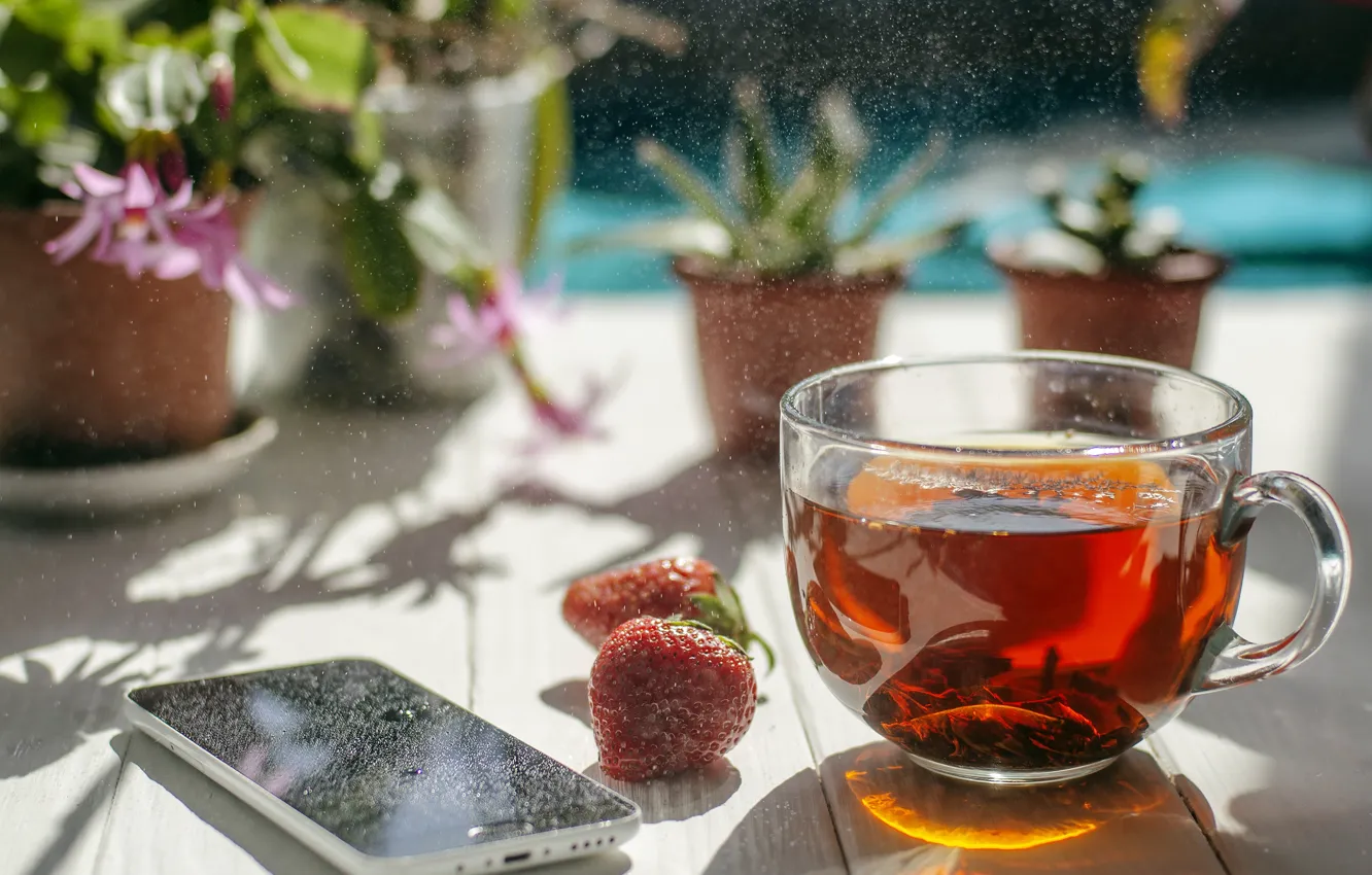 Photo wallpaper glass, light, flowers, berries, table, tea, Board, shadow